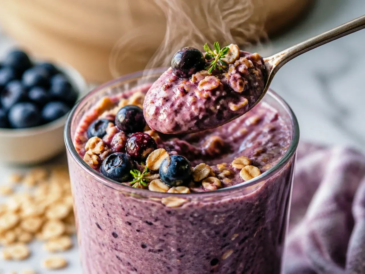 Thick rustic oatmeal berry smoothie bowl topped with granola and fresh berries