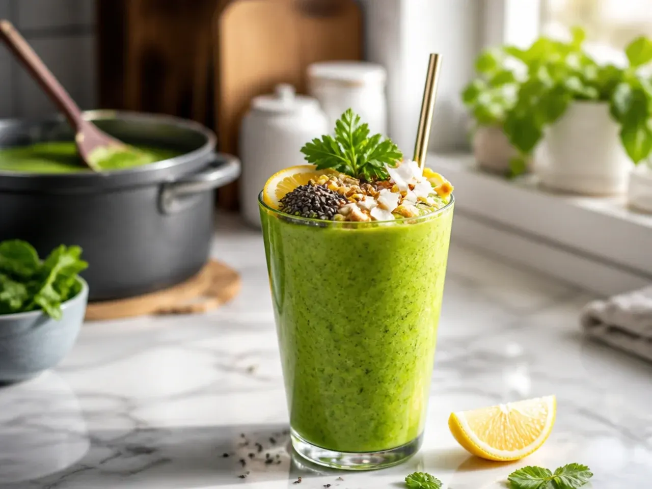 Loaded superfood green smoothie with chia seeds and avocado on the side