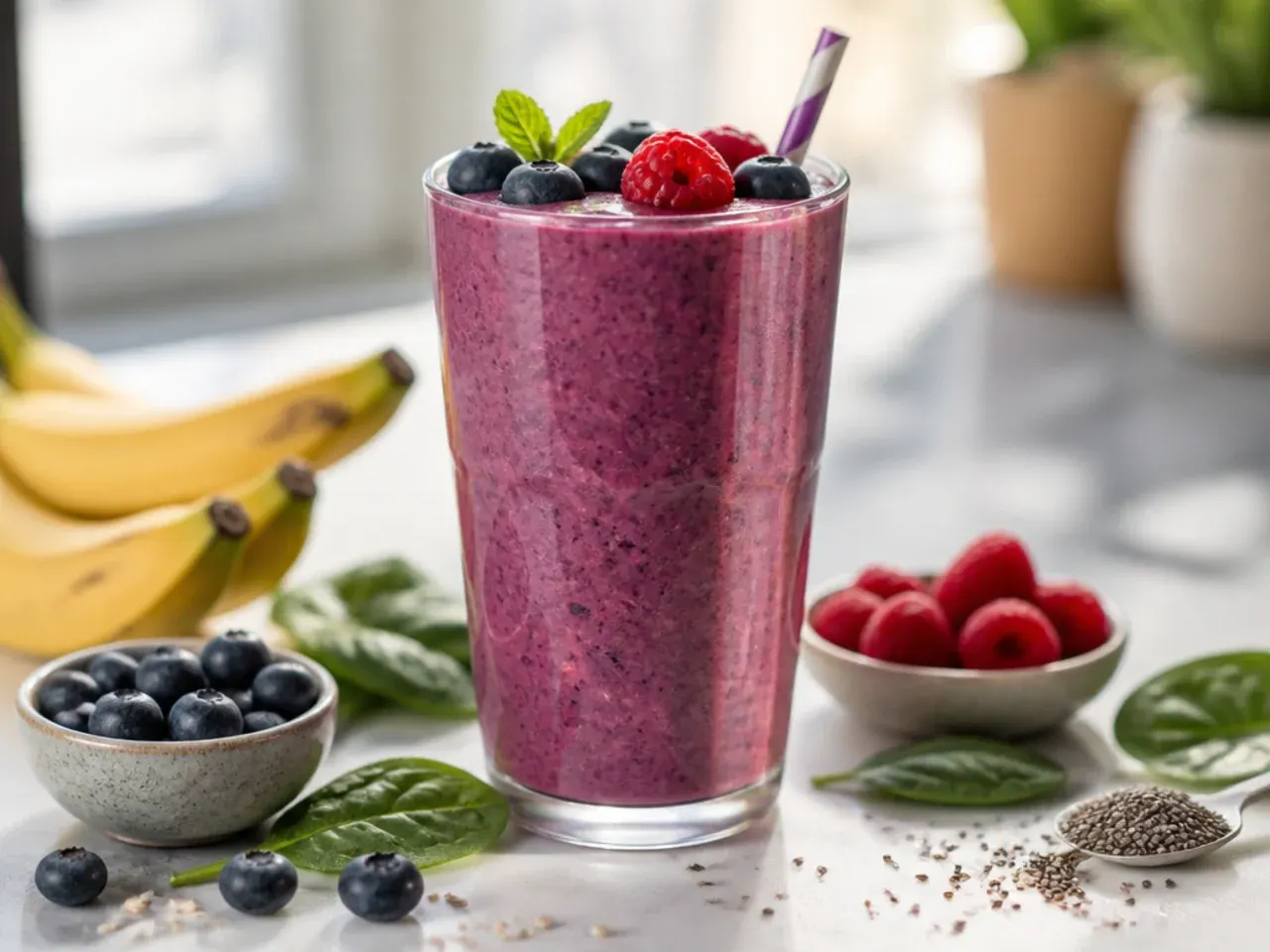 Family-size batch of berry smoothies poured into several glasses