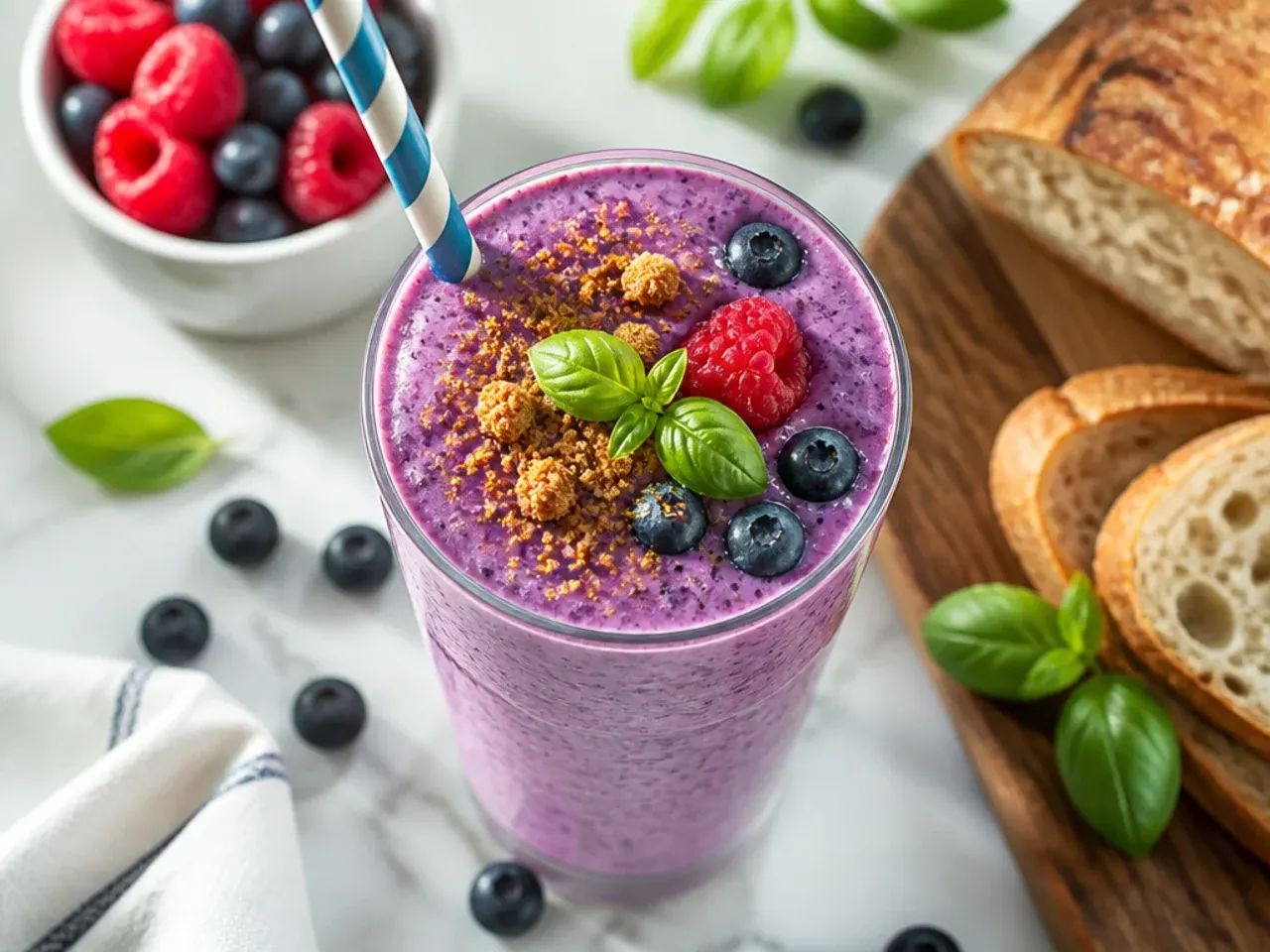 Thick creamy vanilla berry smoothie in a glass with a dollop of yoghurt on top