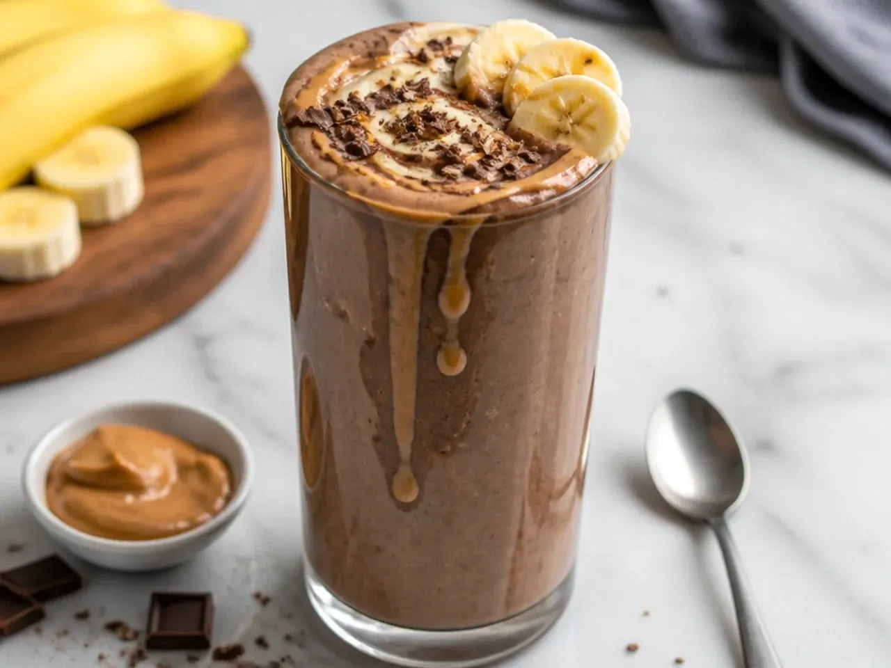 Chocolate peanut butter banana smoothie topped with a drizzle of peanut butter