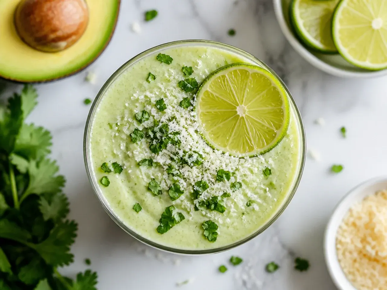 Pale green avocado lime smoothie garnished with a lime wheel