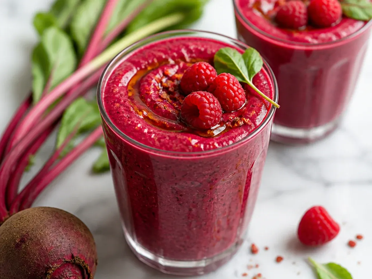 Vivid magenta raspberry beetroot smoothie in a clear glass
