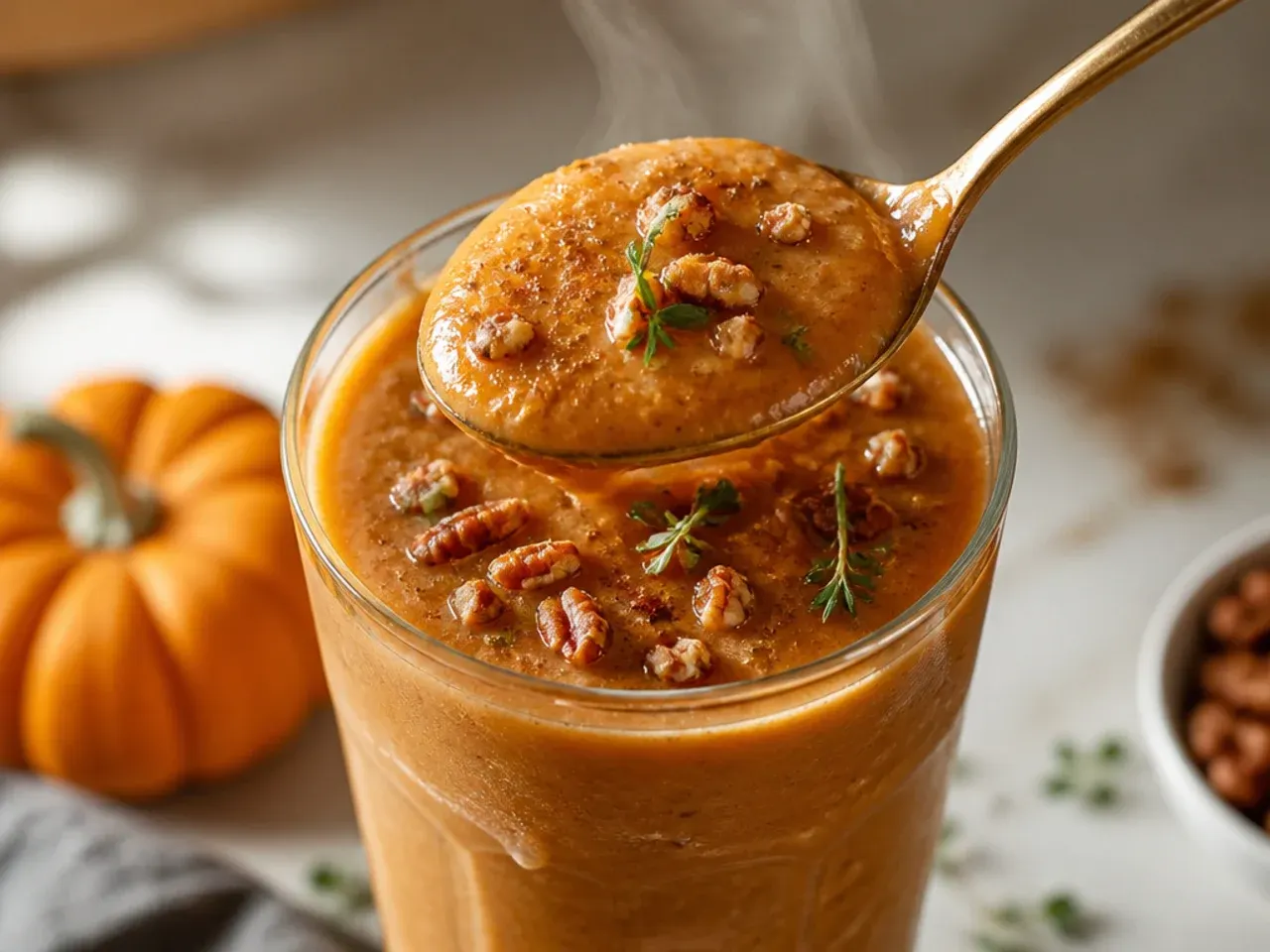 Cozy pumpkin spice smoothie topped with a dusting of cinnamon