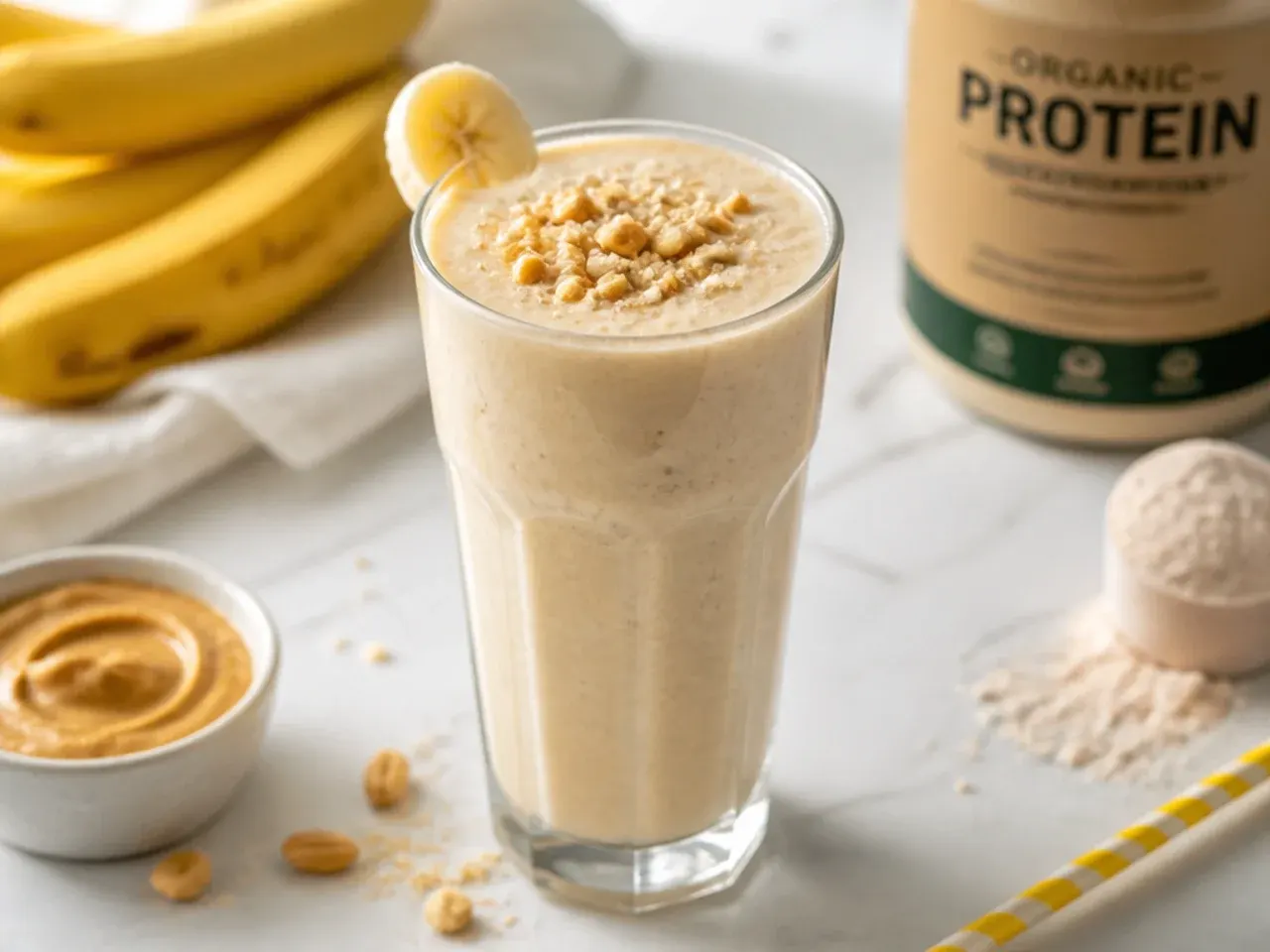 Thick peanut butter banana protein smoothie in a glass with a straw