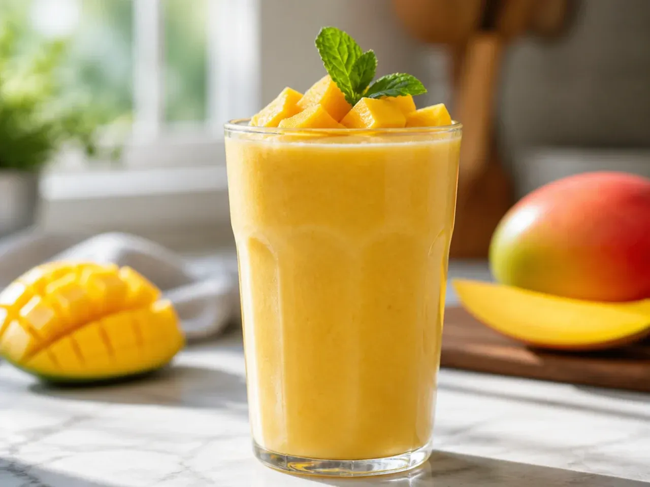 Simple bright orange mango smoothie in a glass with a mango slice garnish