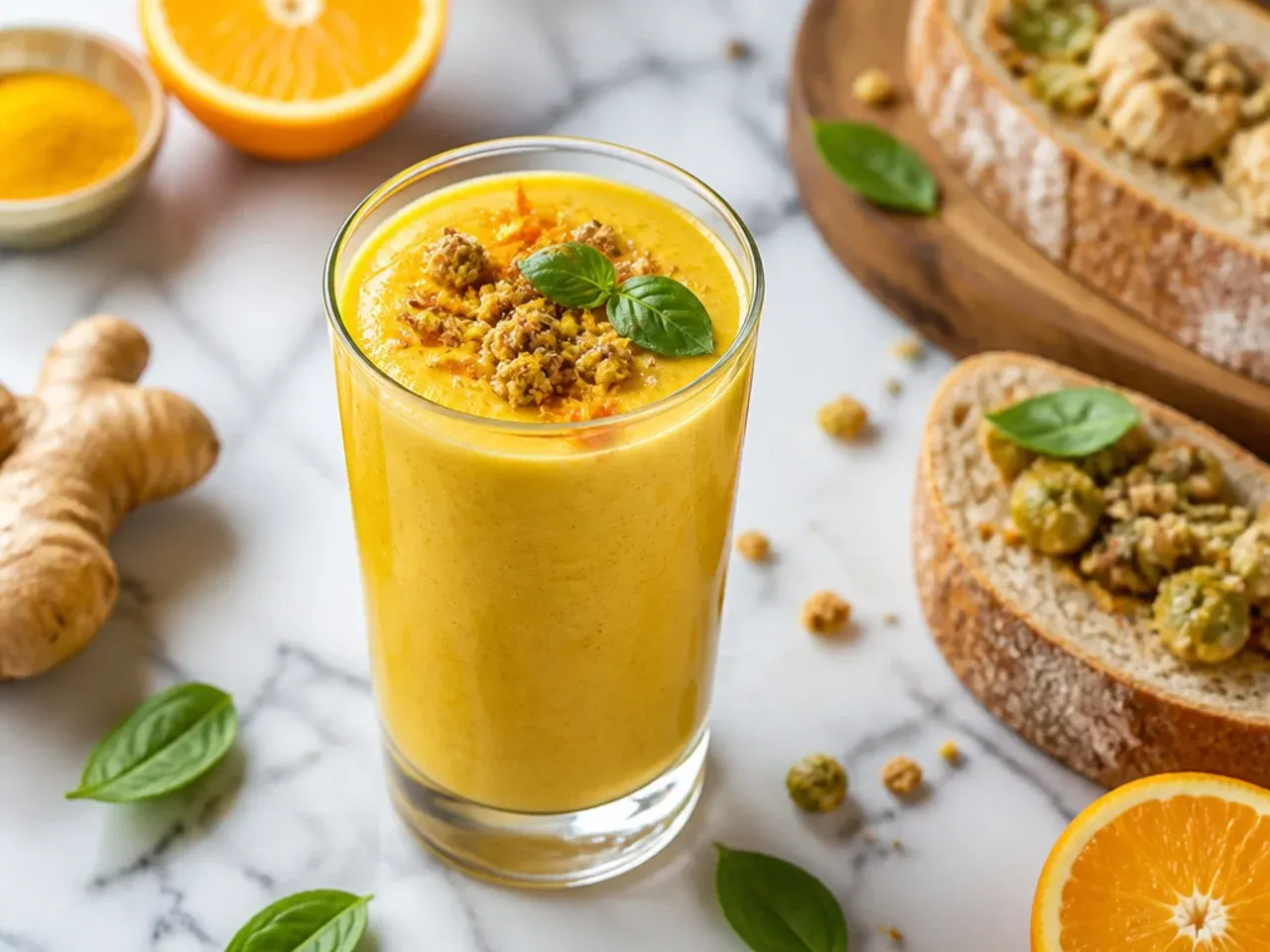 Zesty citrus turmeric smoothie with an orange slice garnish