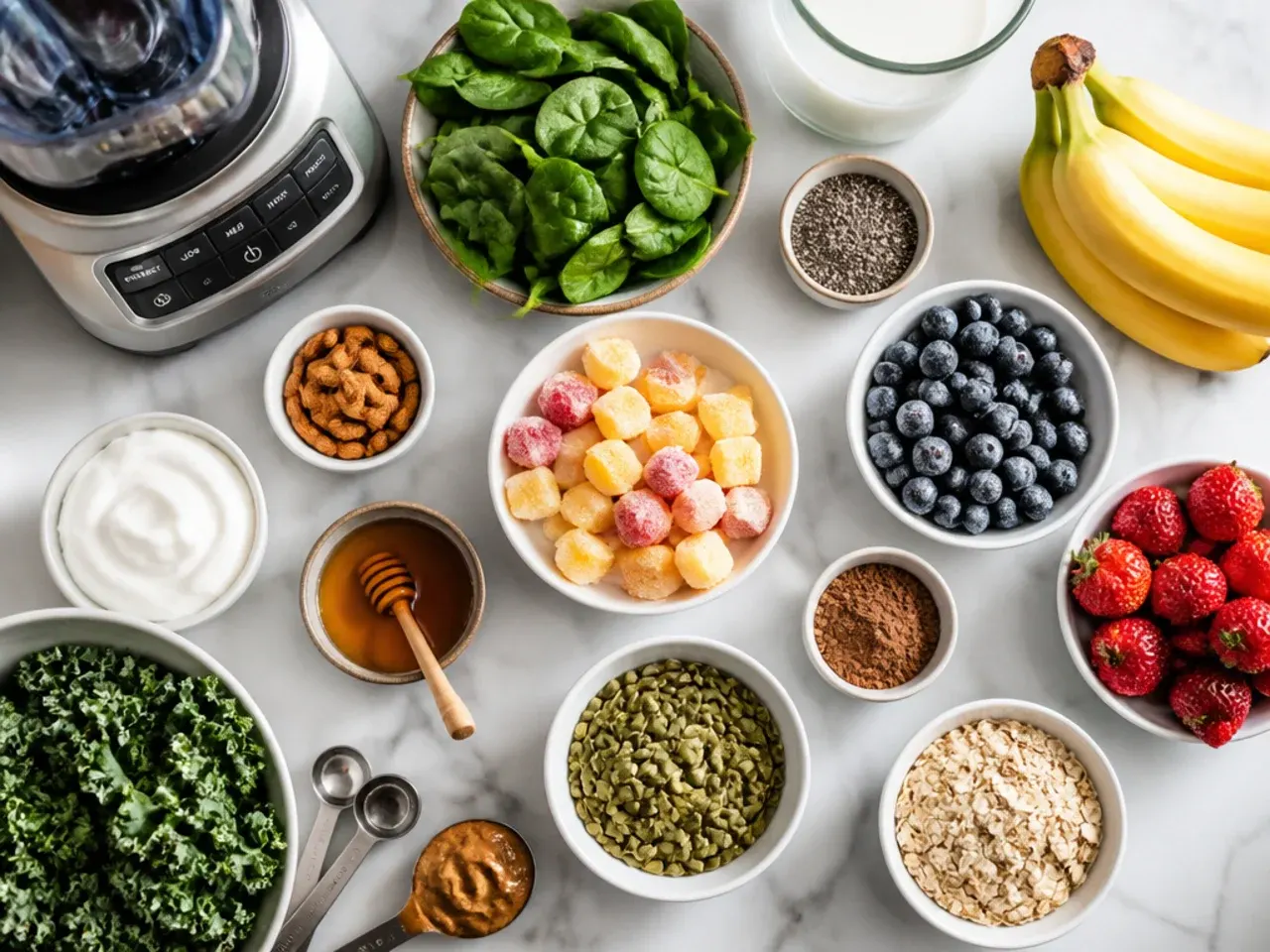 Blender filled with smoothie ingredients ready to blend