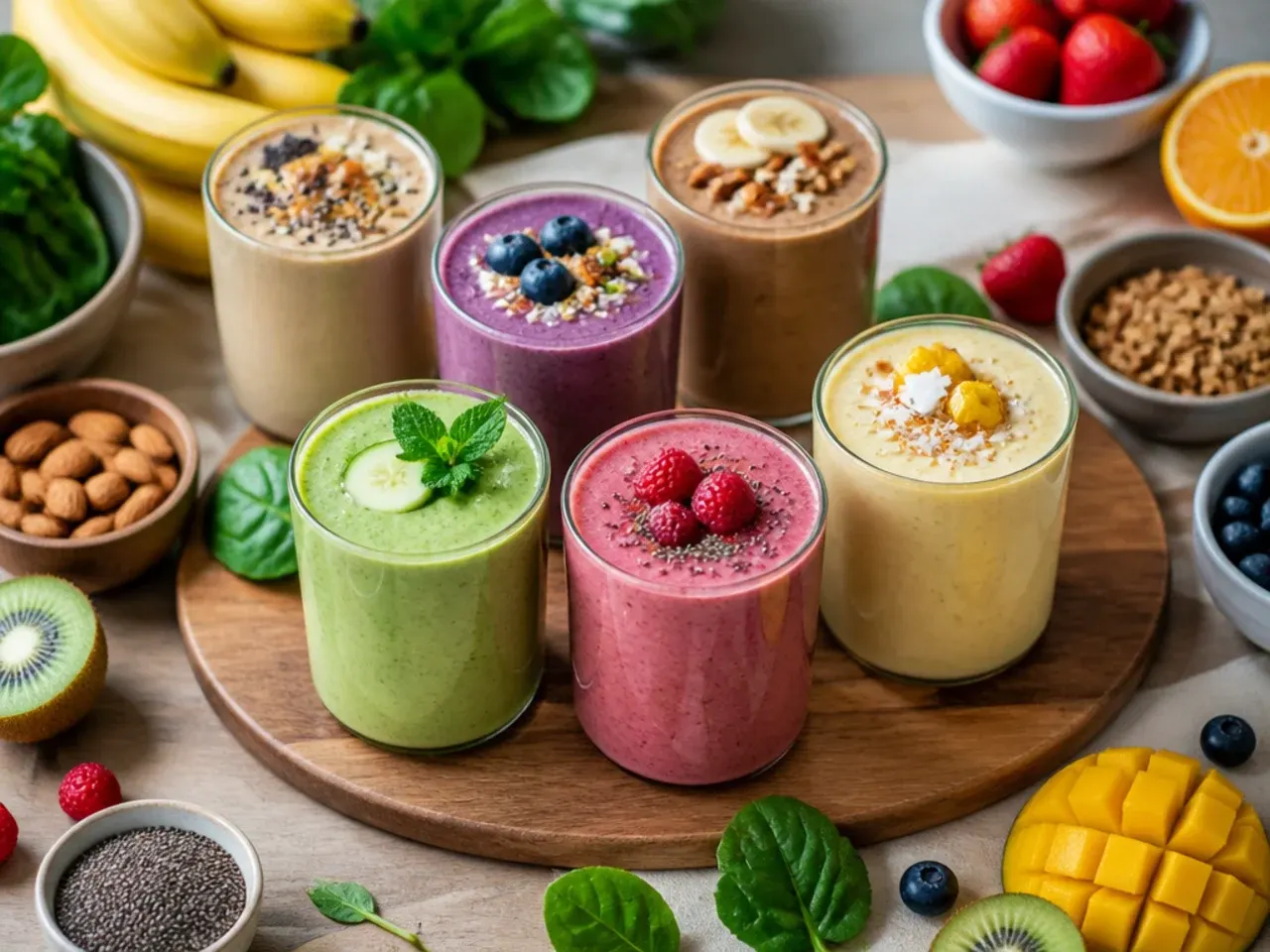 Smoothie served in a bowl topped with granola, banana slices and seeds