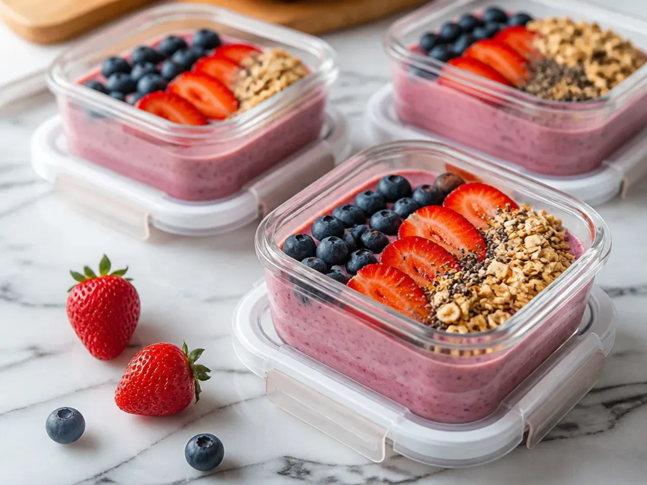 Smoothie stored in a sealed jar in the fridge next to frozen smoothie cubes