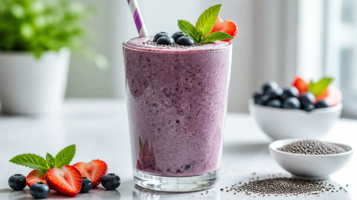 Glass of thick healthy protein smoothie topped with banana slices and chia seeds, surrounded by fresh spinach and berries