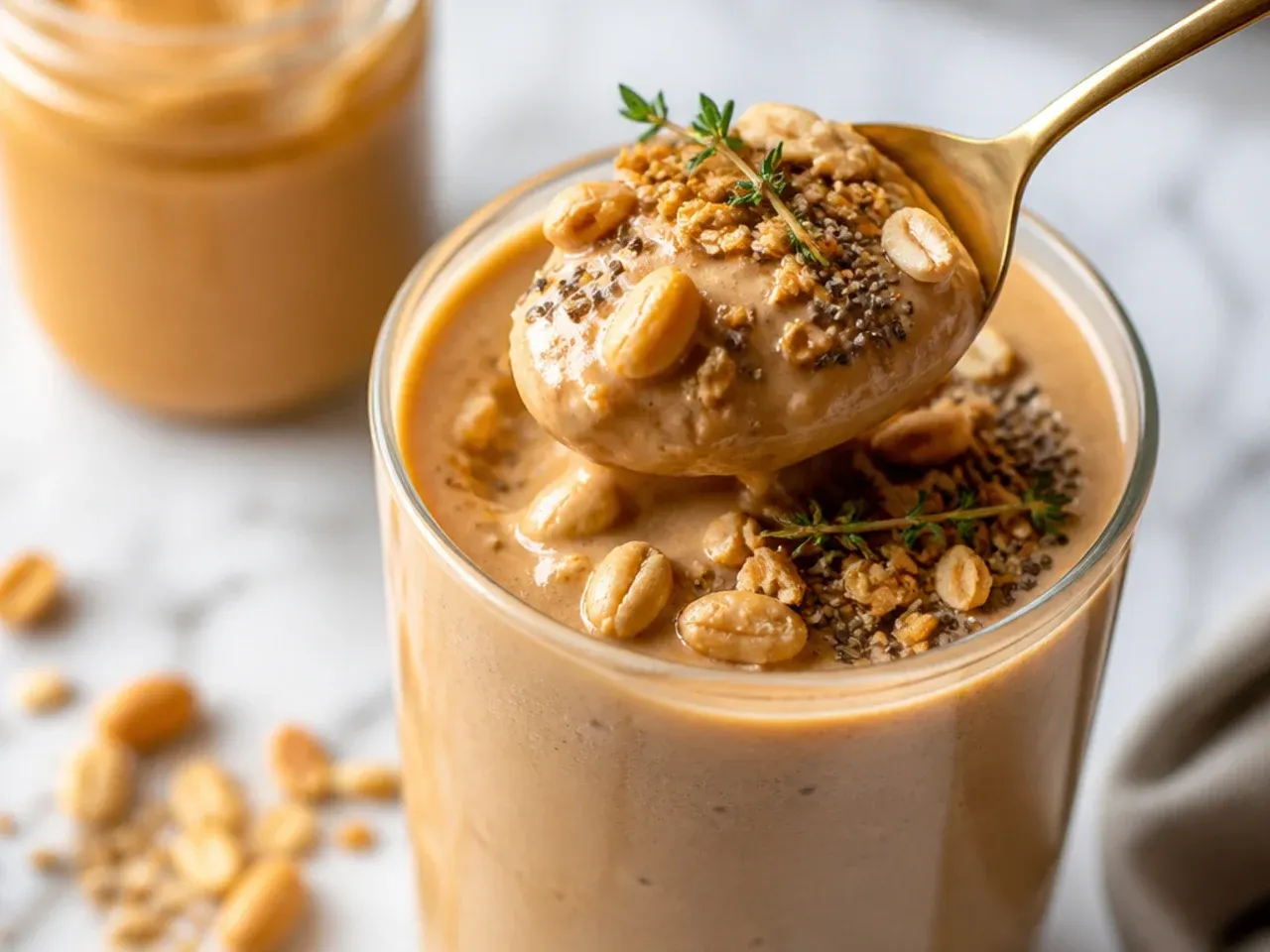 Jar of natural peanut butter being stirred with oil and solids remixed