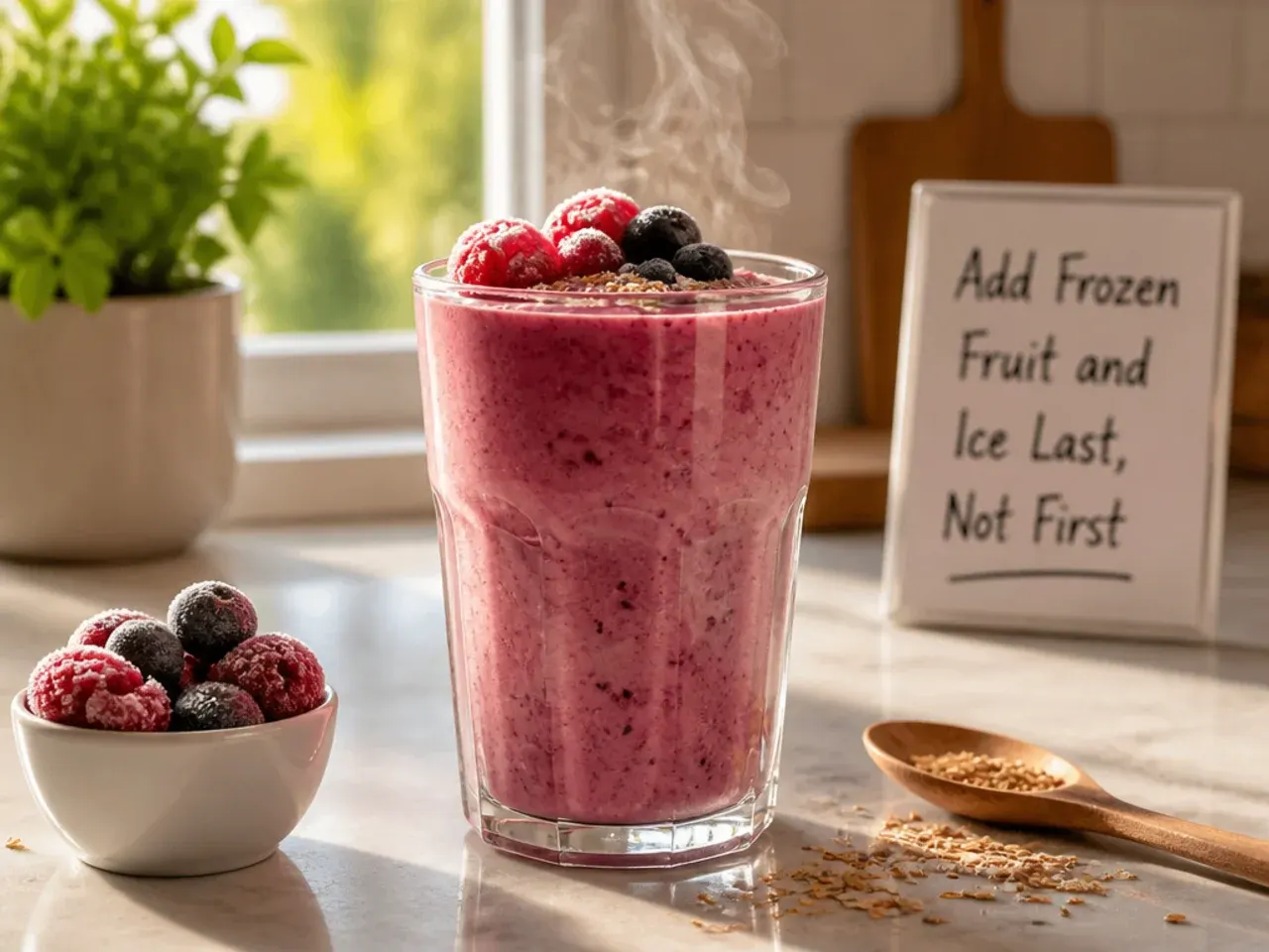 Frozen mixed berries and ice cubes layered on top of smoothie ingredients in a blender