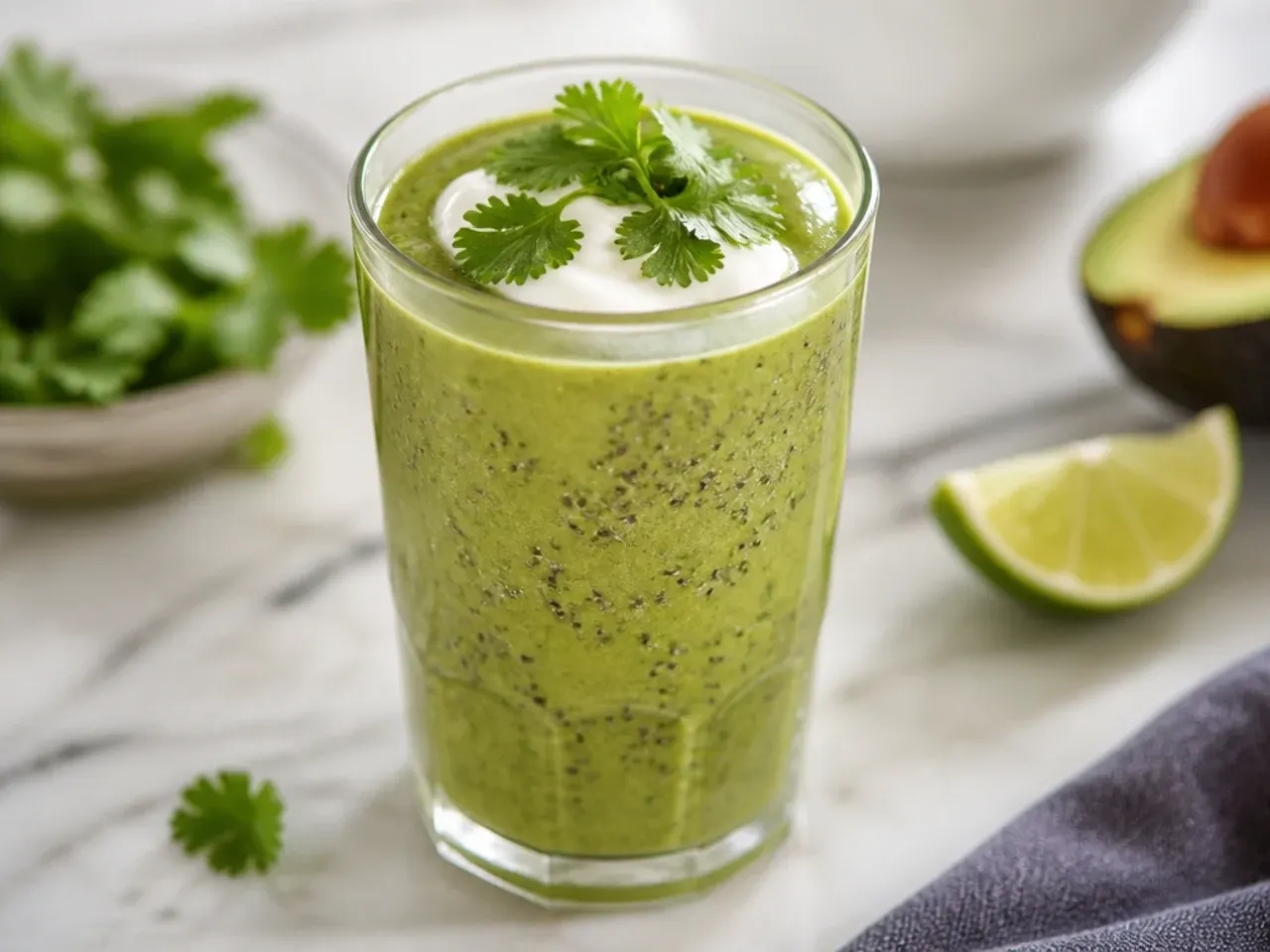 Chia seeds swelling in a blended smoothie left to rest for a few minutes