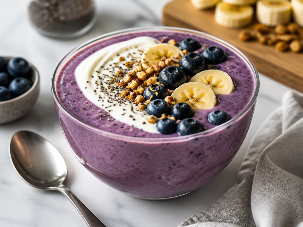 Bowl of thick Greek yoghurt next to protein smoothie ingredients