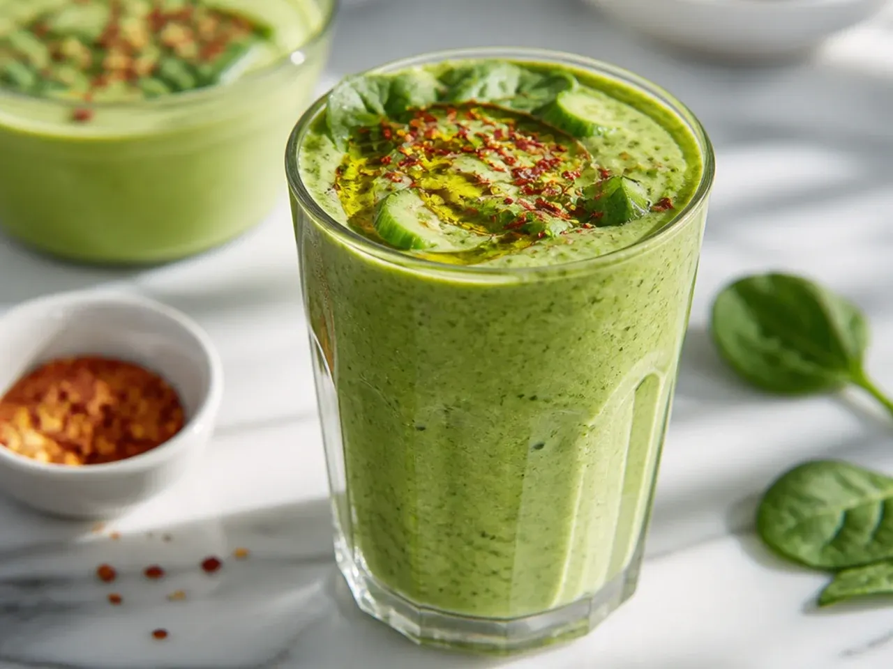Two full glasses of protein smoothie shown side by side for a doubled recipe