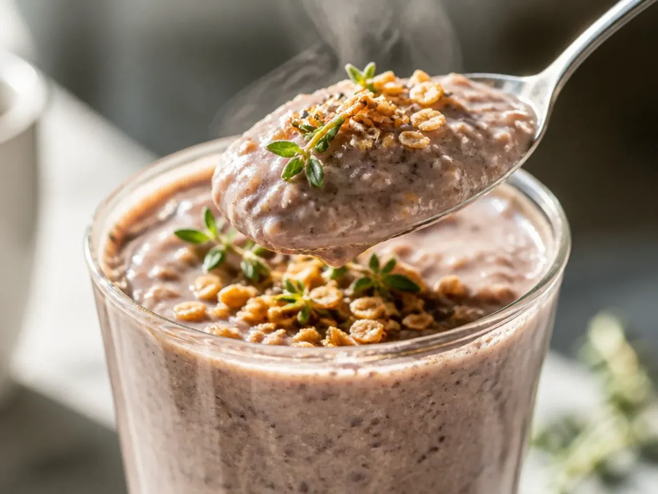 Rolled oats soaking in milk before being added to a protein smoothie
