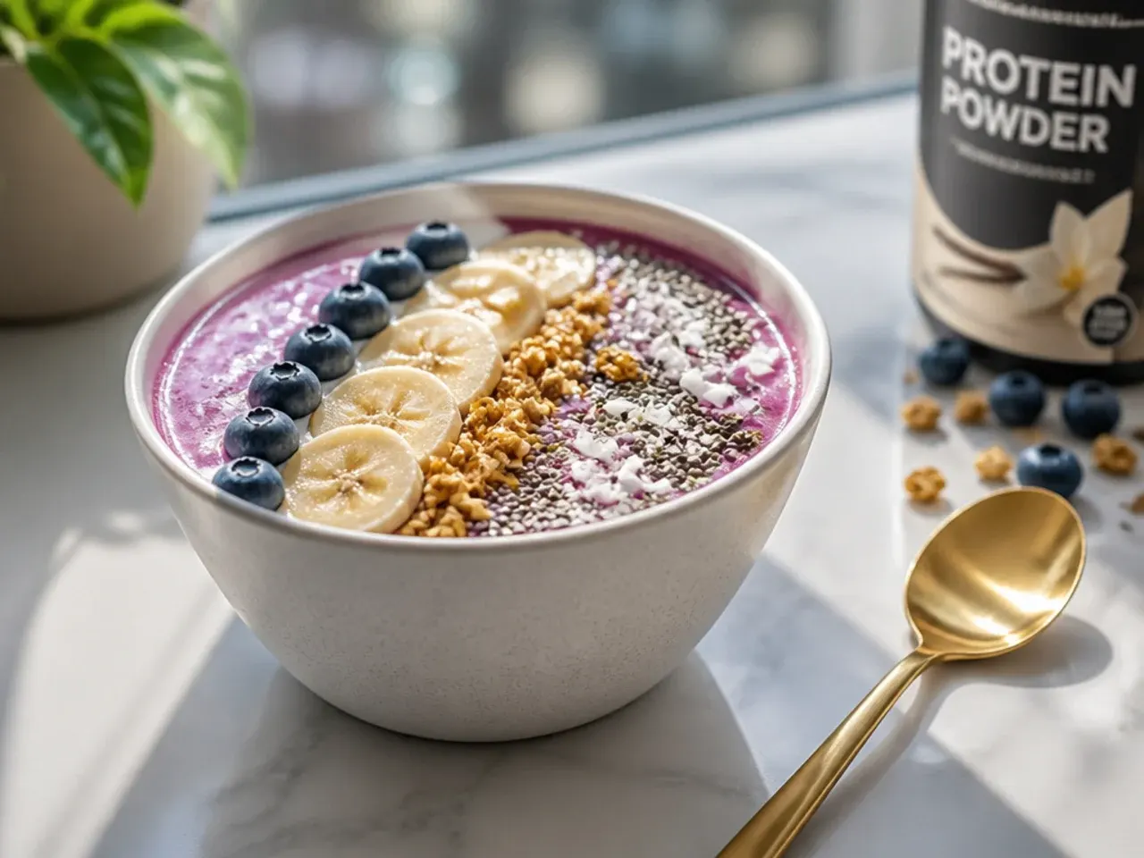 Tubs of vanilla and chocolate protein powder next to different smoothie fruits