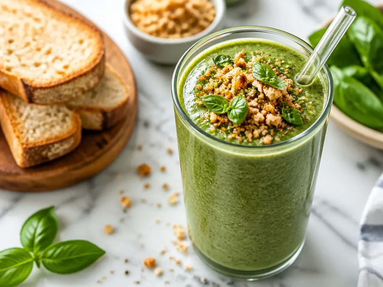 Freshly poured green protein smoothie in a chilled glass with vivid colour