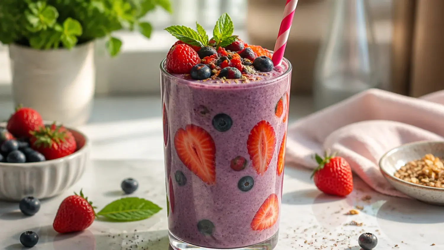 A tall glass of creamy green smoothie surrounded by fresh banana, spinach and mixed berries on a wooden board