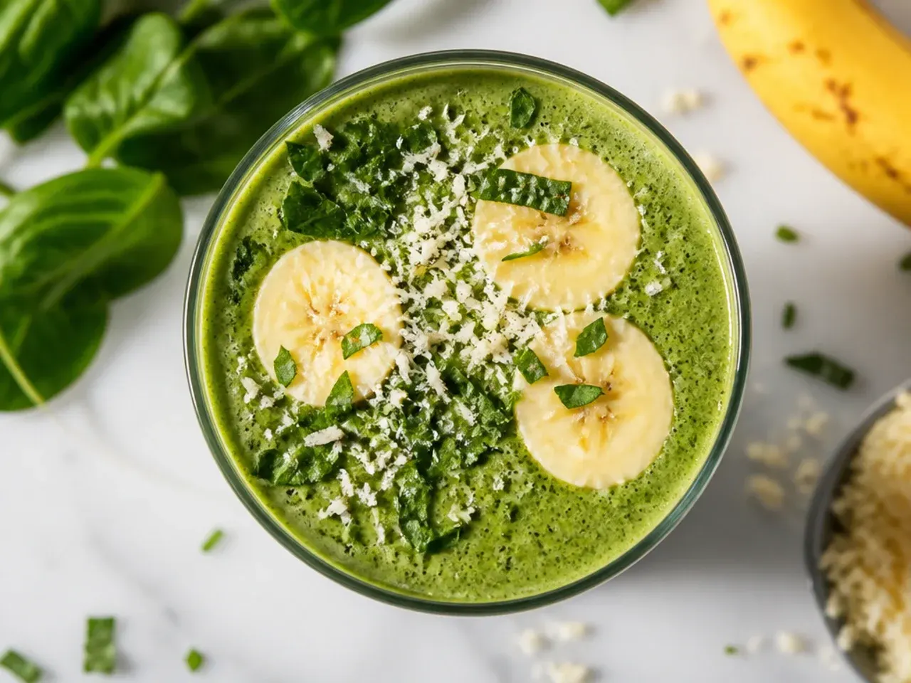 Green banana spinach smoothie in a glass with a paper straw