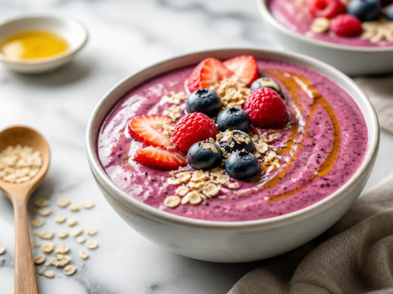 Thick purple berry and oat smoothie topped with granola in a mason jar