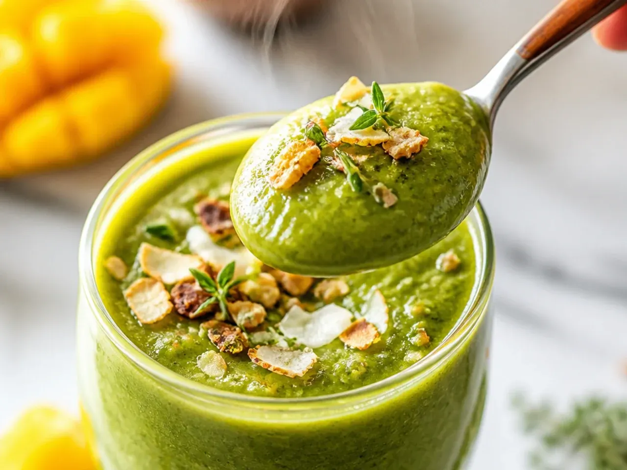 Bright yellow-green mango pineapple smoothie in a tall glass with fresh mint