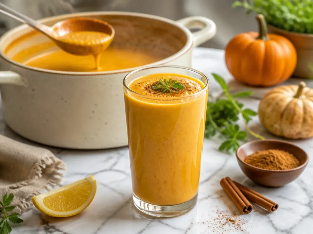 Orange spiced pumpkin smoothie topped with a sprinkle of cinnamon