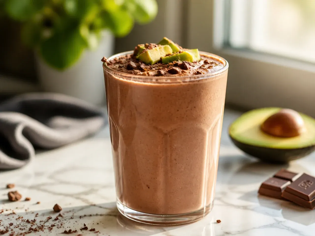 Rich chocolate brown avocado cacao smoothie in a glass with cacao nibs on top