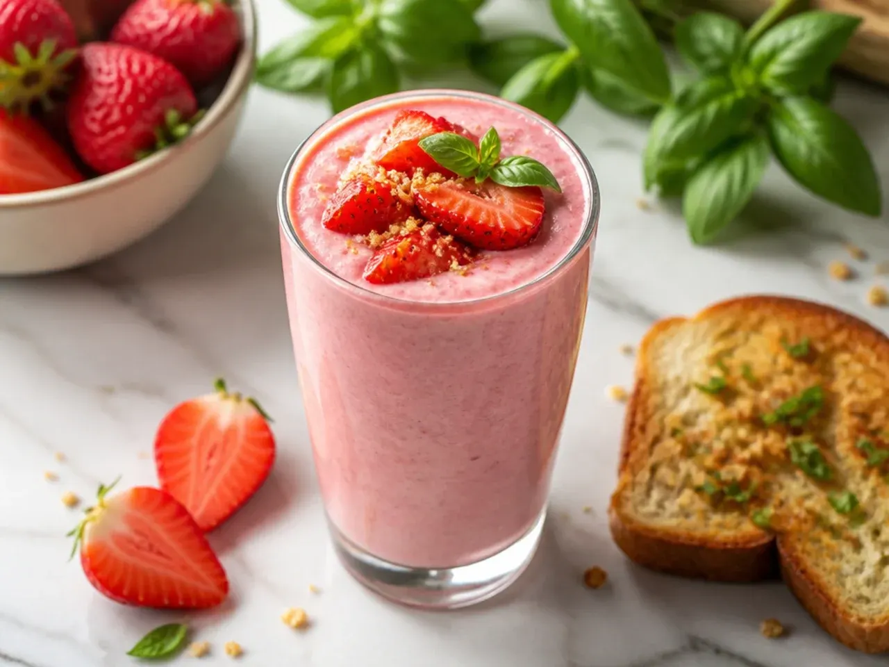 Pale pink strawberry smoothie in a glass with a fresh strawberry on the rim