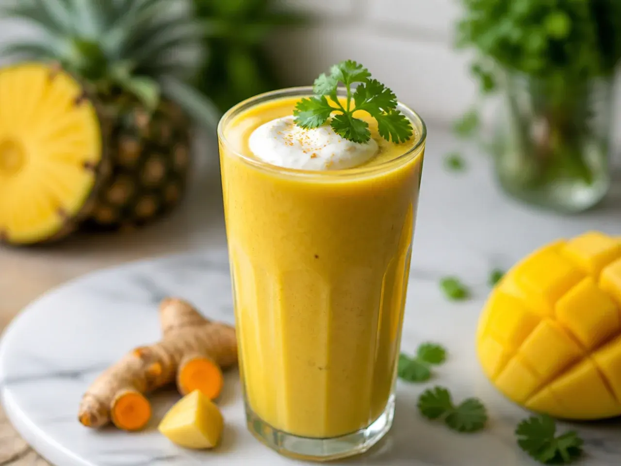 Golden turmeric pineapple smoothie in a glass with fresh ginger slices beside it