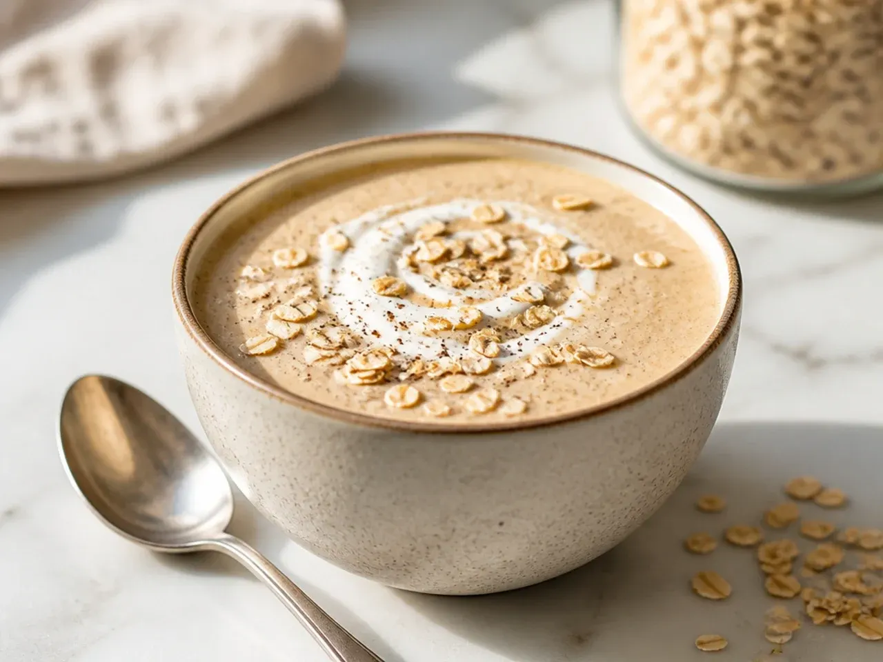 Creamy beige oat and almond butter smoothie in a glass with a drizzle of almond butter on top