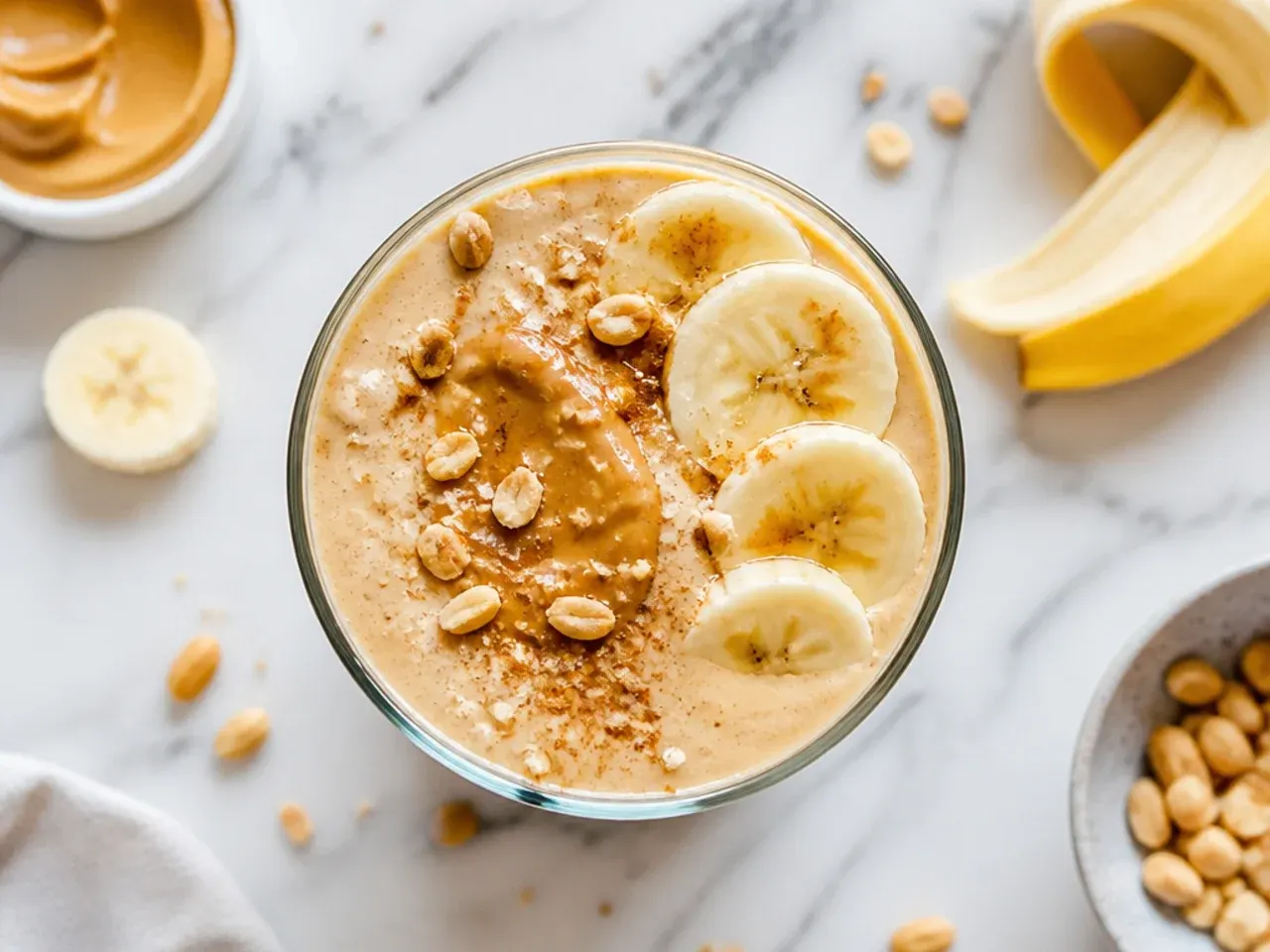 Thick banana peanut butter smoothie in a glass with a swirl of peanut butter on top