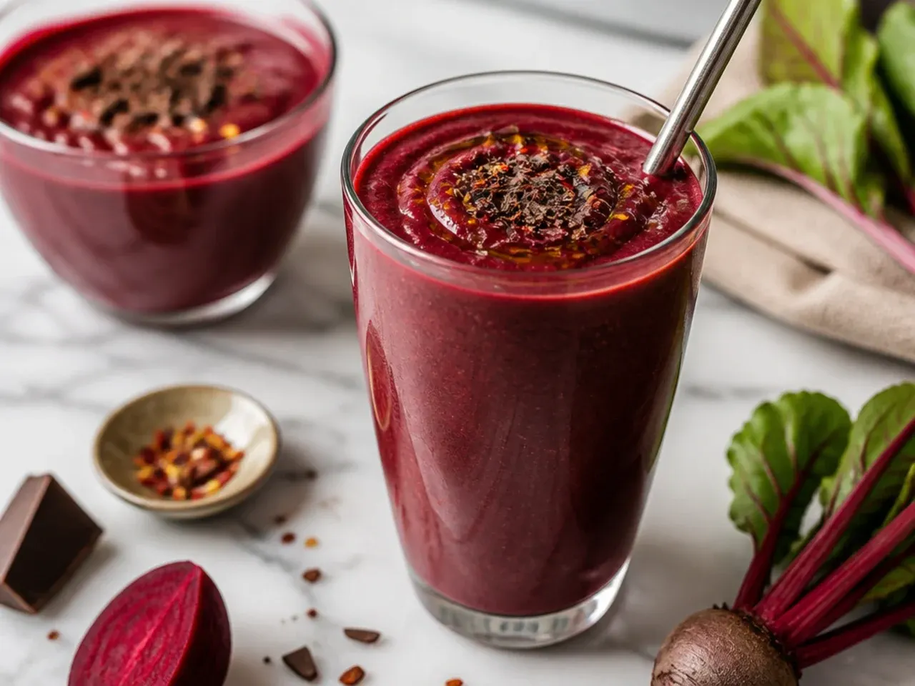 Deep purple-brown chocolate beetroot smoothie in a glass on a dark wooden table