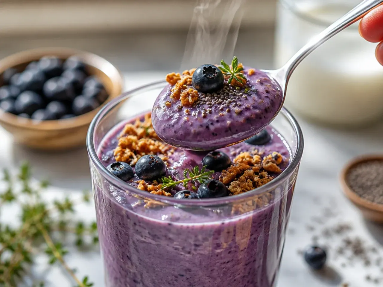 Deep blue-purple blueberry kefir smoothie in a rustic glass jar with fresh blueberries scattered around