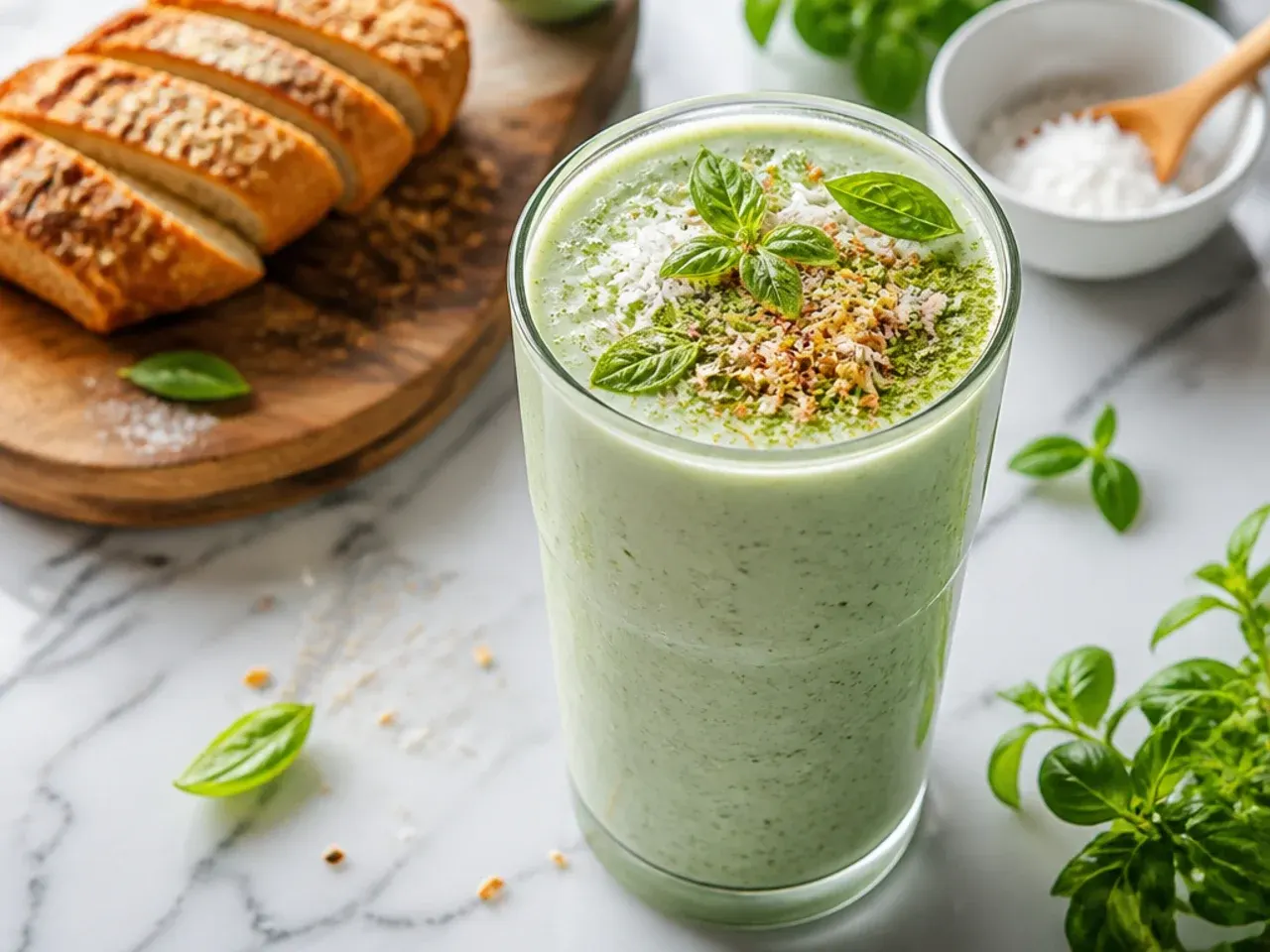 Vibrant green matcha coconut smoothie in a glass with a light dusting of matcha powder on top