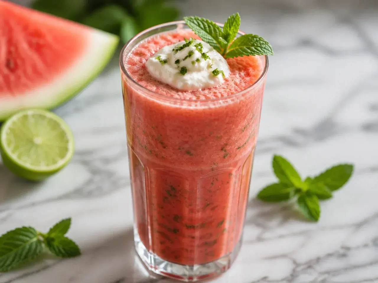 Pale pink watermelon mint smoothie in a glass with fresh mint leaves garnish