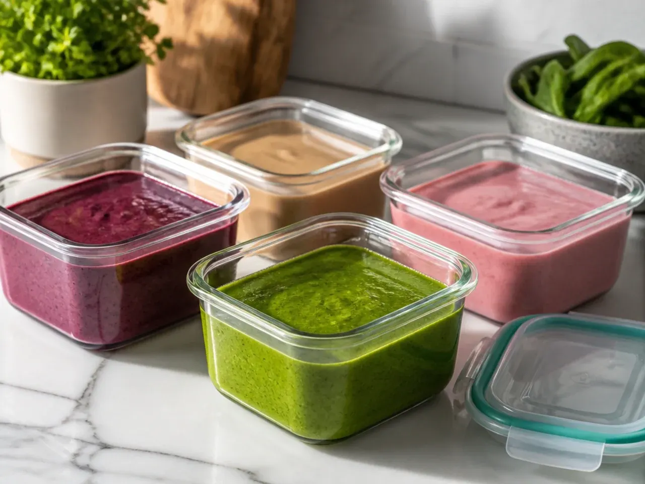 Labelled mason jars of smoothie lined up in a fridge door for meal prep