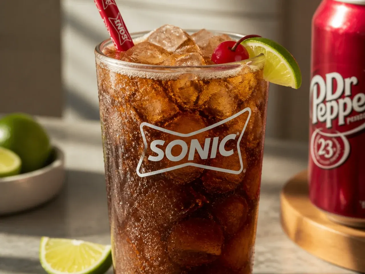 Overhead shot of ingredients for copycat Sonic Dr Pepper drinks including syrup, cream and limes