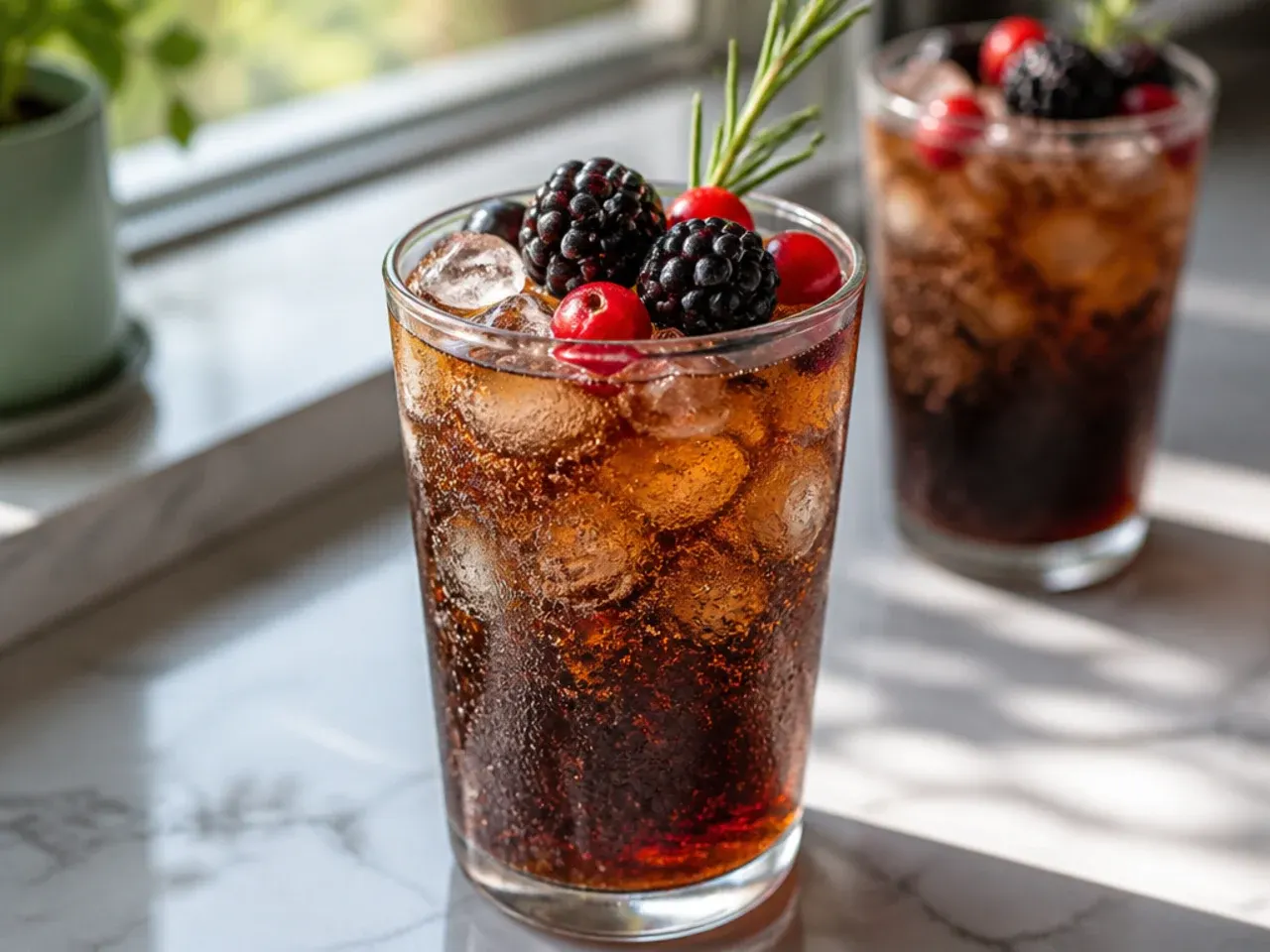 Cherry-flavoured copycat Dr Pepper soda in a glass with ice