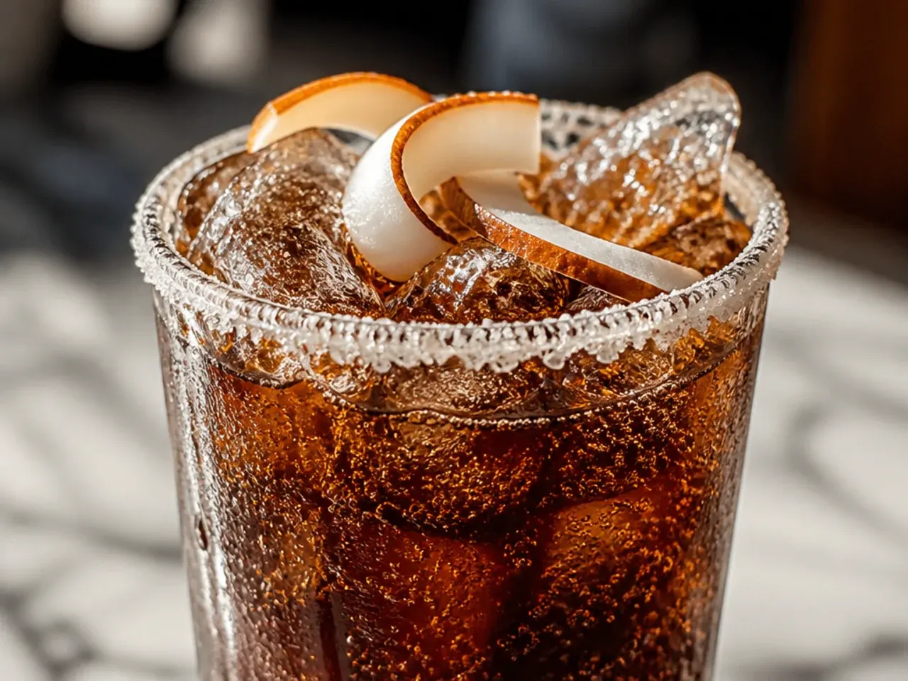 Layered copycat Dirty Dr Pepper drink with coconut syrup and cream on top