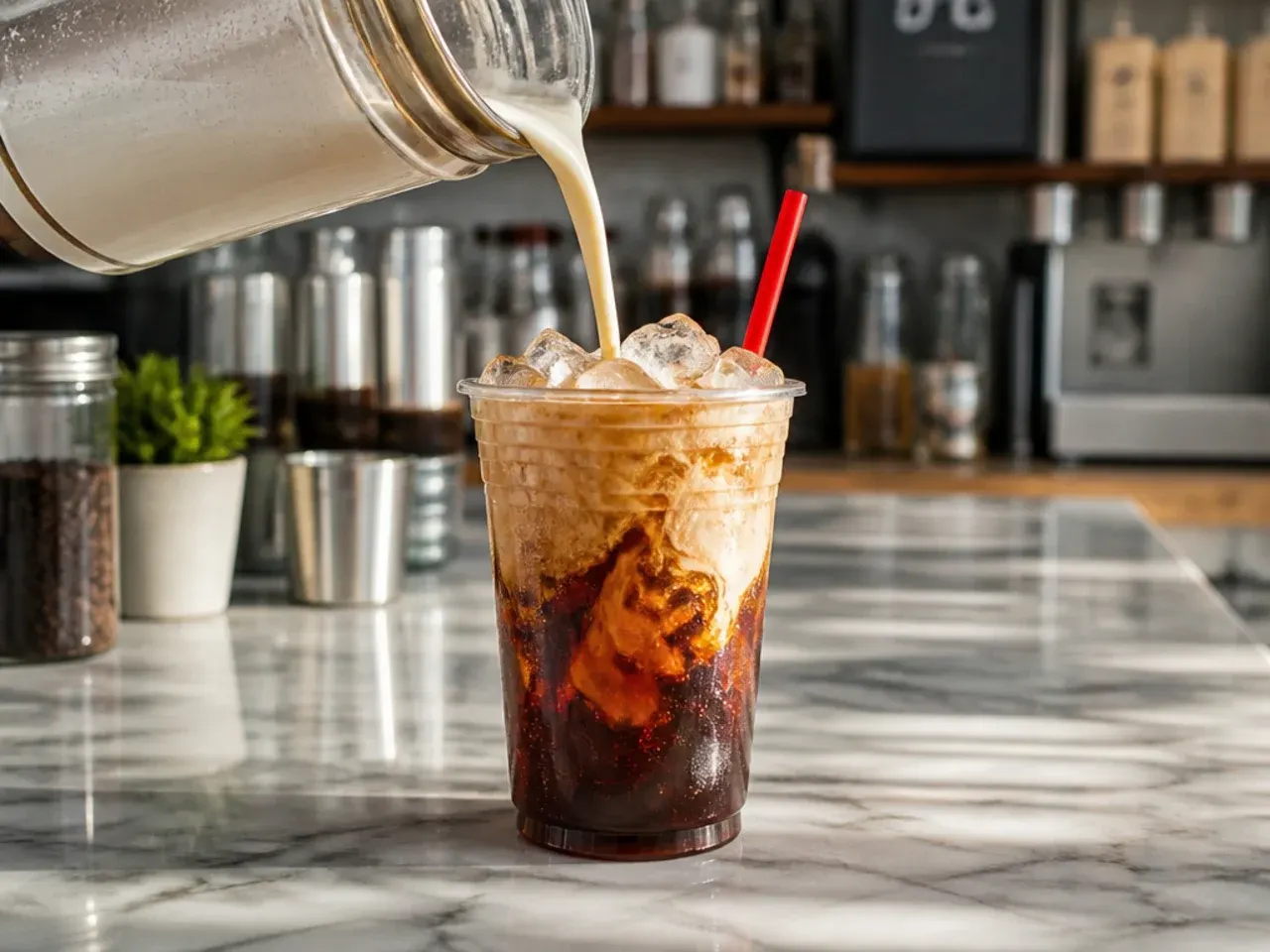 Creamy vanilla copycat Dr Pepper drink with a swirl of cream