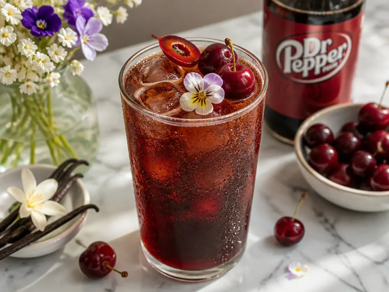 Cherry vanilla copycat Dr Pepper drink in a glass with a cherry garnish