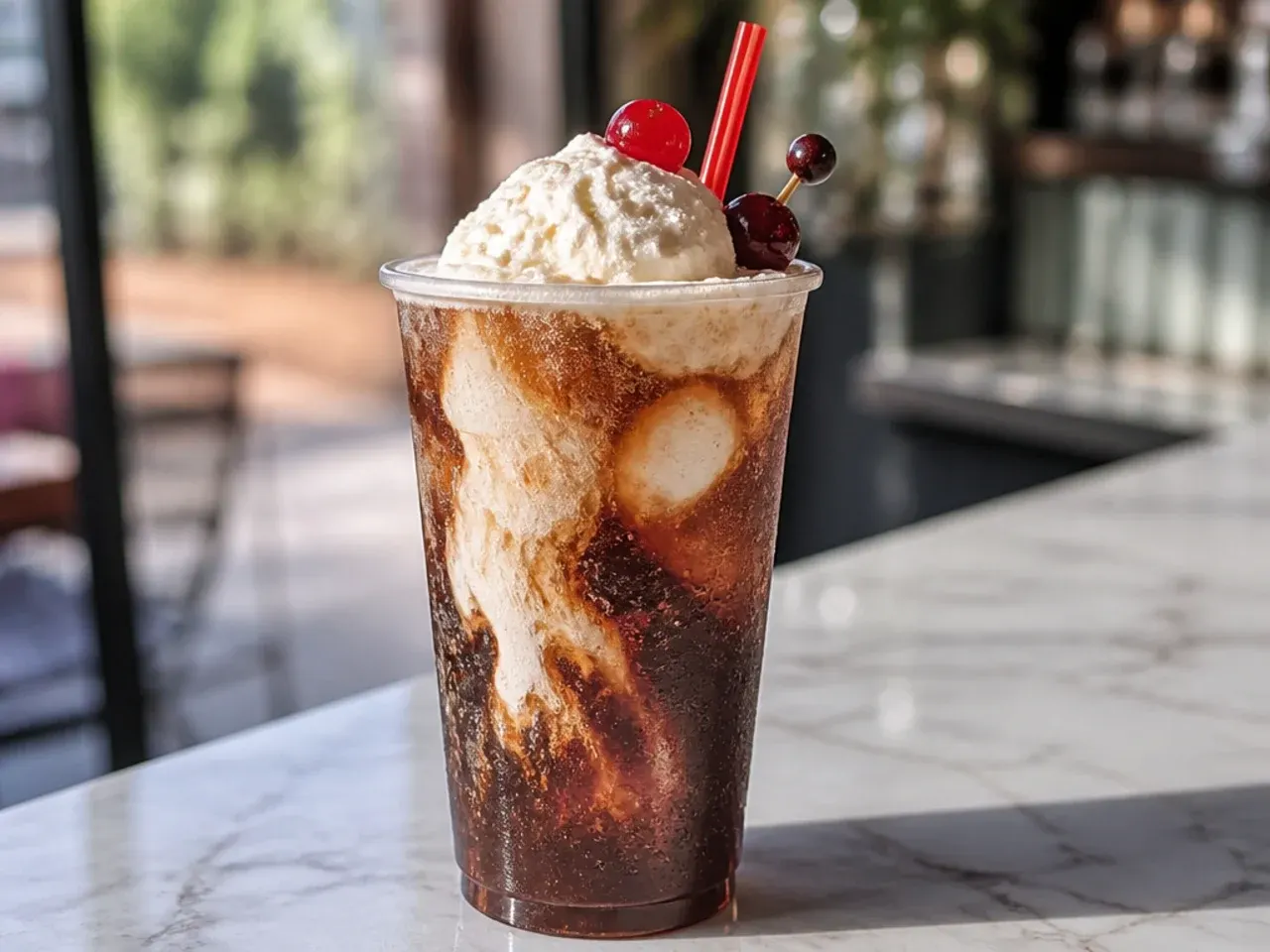 Sweet cream floating on top of a copycat Dr Pepper drink