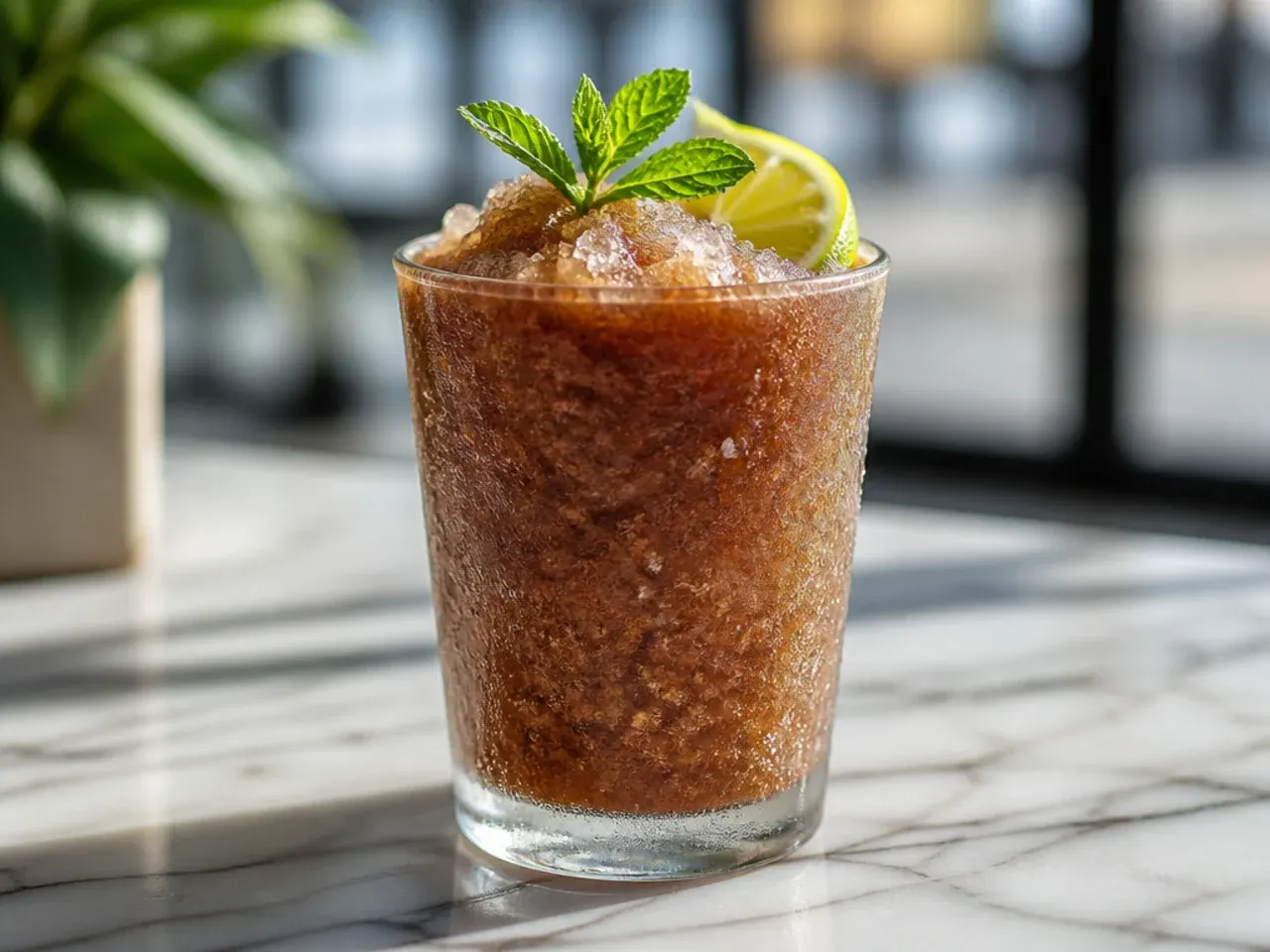 Frozen copycat Dr Pepper slush in a glass with a straw