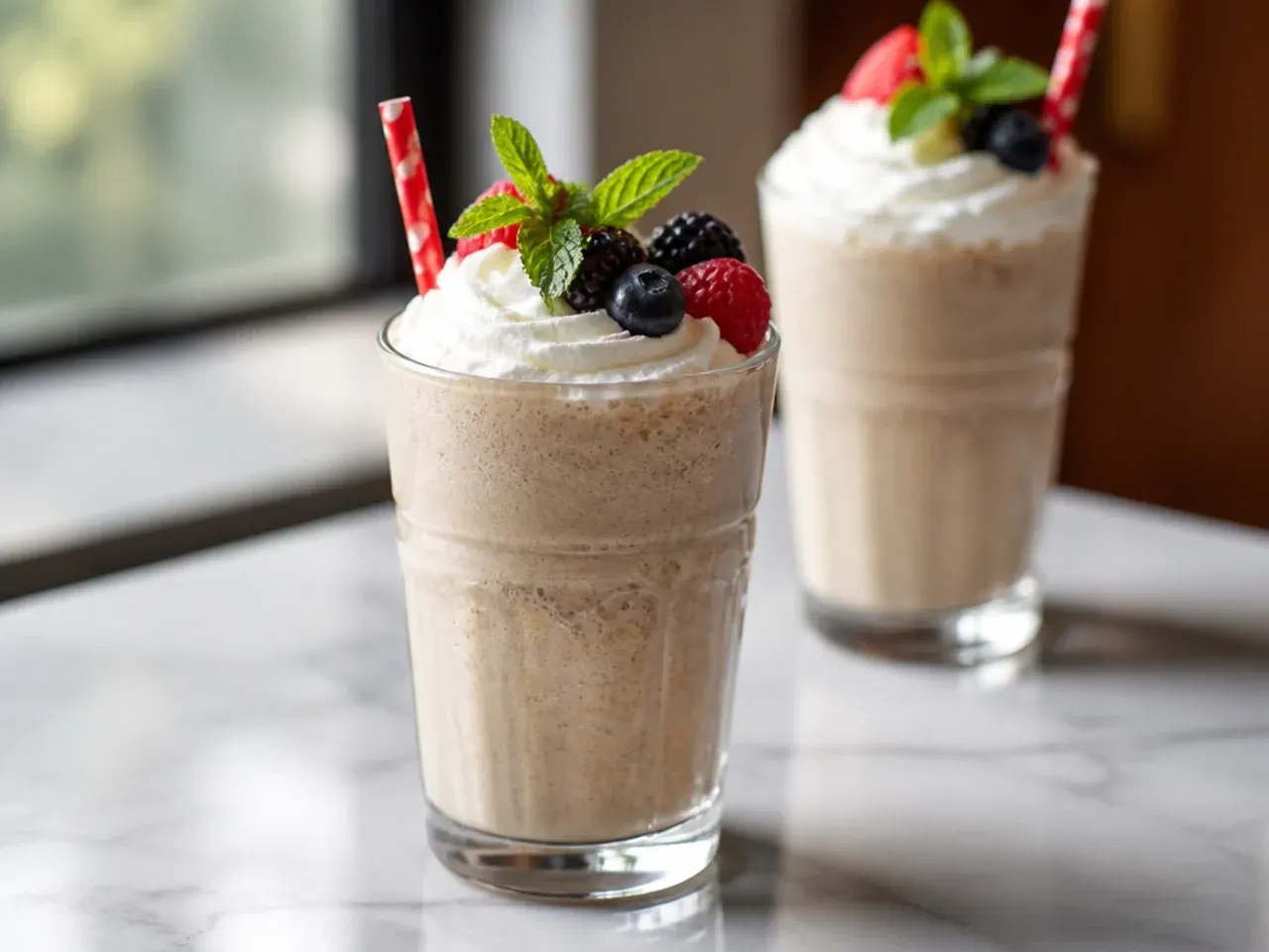 Thick copycat Dr Pepper milkshake in a glass with a wide straw
