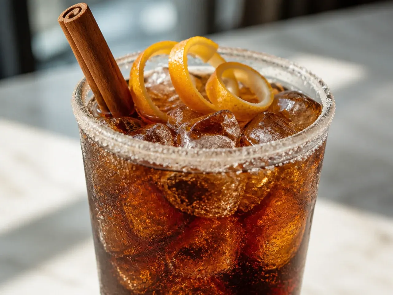 Spiced cinnamon copycat Dr Pepper drink with a cinnamon stick garnish