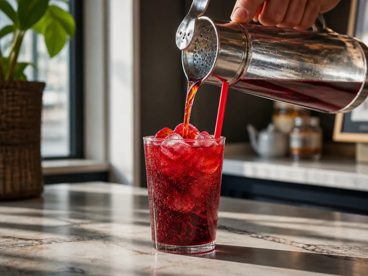 Festive grenadine copycat Dr Pepper drink with a red gradient and cherry