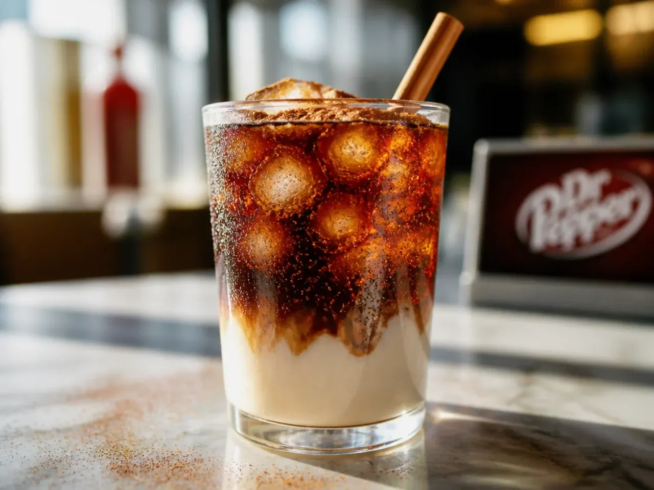 Layered copycat Dr Pepper cream soda with visible syrup and cream layers