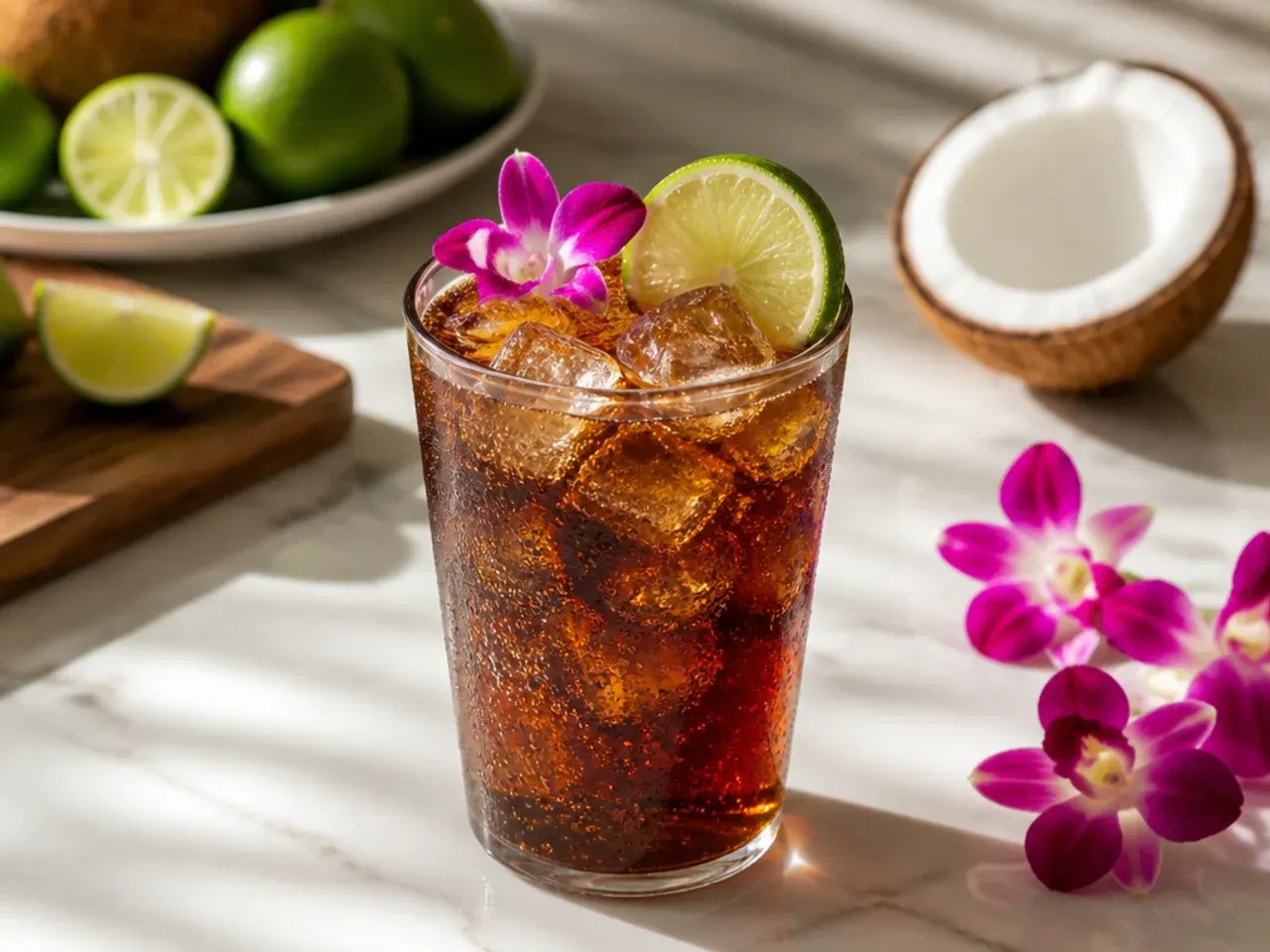 Bold coconut-lime copycat Dr Pepper drink with lime wedges